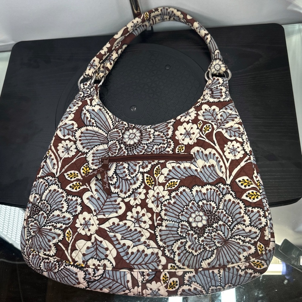 Vera Bradley Slate Blooms Large Hobo Shoulder Bag Brown White Blue Yellow Purse - Picture 9 of 13
